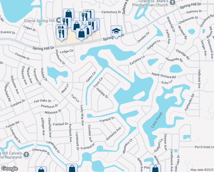 map of restaurants, bars, coffee shops, grocery stores, and more near 8017 Lullwater Avenue in Spring Hill