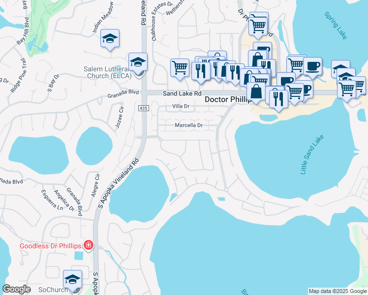 map of restaurants, bars, coffee shops, grocery stores, and more near 8244 Vía Vivaldi in Orlando