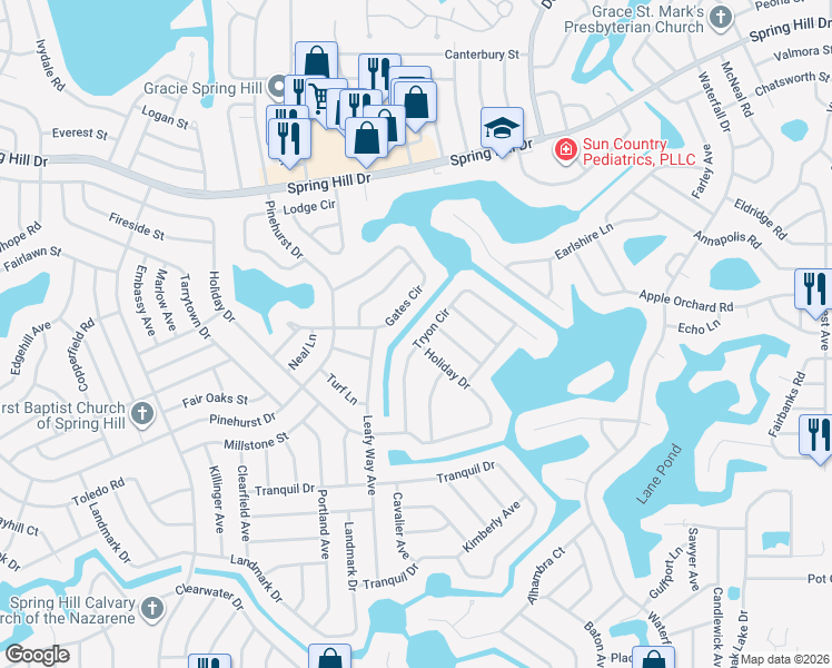 map of restaurants, bars, coffee shops, grocery stores, and more near 7448 Gates Circle in Spring Hill