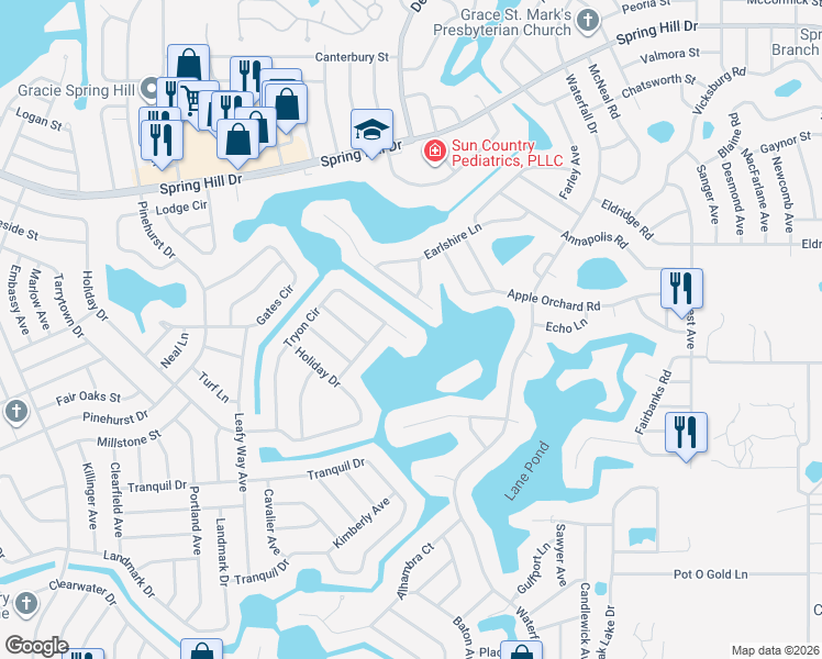 map of restaurants, bars, coffee shops, grocery stores, and more near 1201 Tryon Circle in Spring Hill