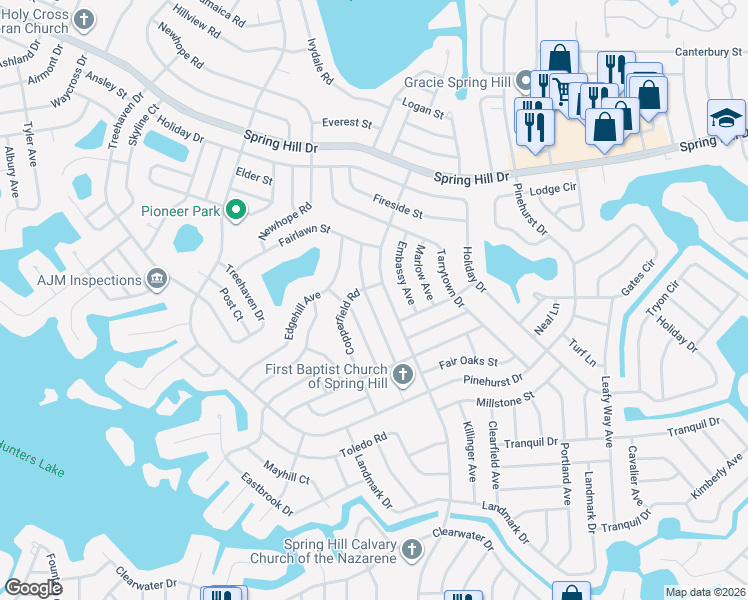 map of restaurants, bars, coffee shops, grocery stores, and more near 1025 Cobblestone Drive in Spring Hill