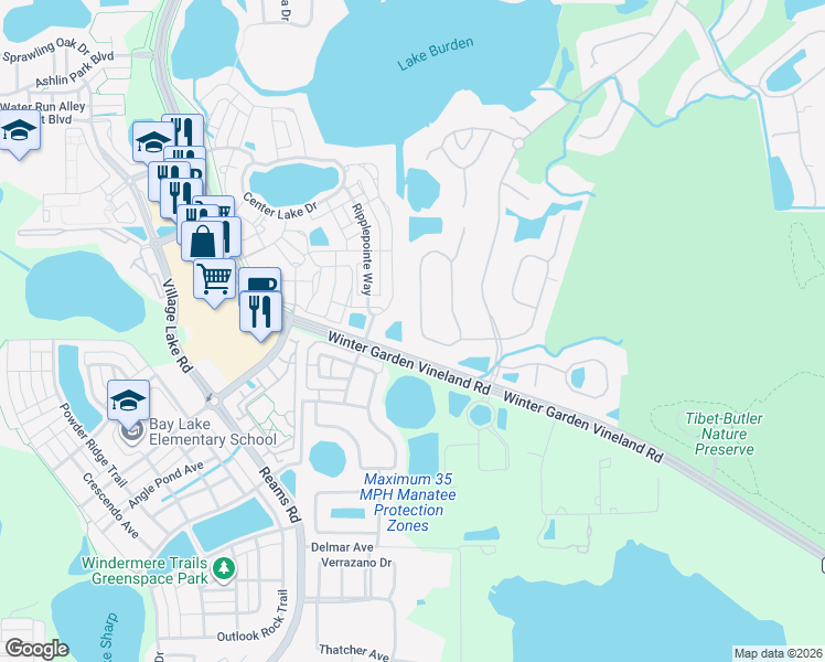 map of restaurants, bars, coffee shops, grocery stores, and more near 11566 Claymont Circle in Windermere