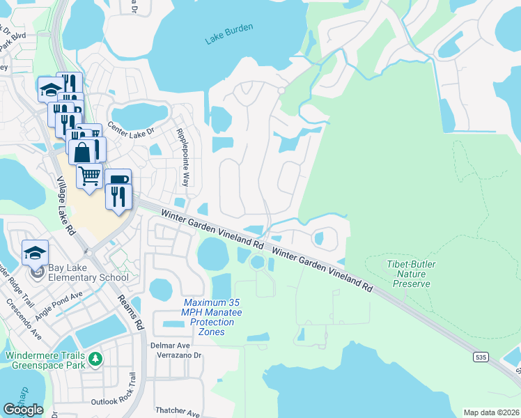 map of restaurants, bars, coffee shops, grocery stores, and more near 8548 Bowden Way in Windermere