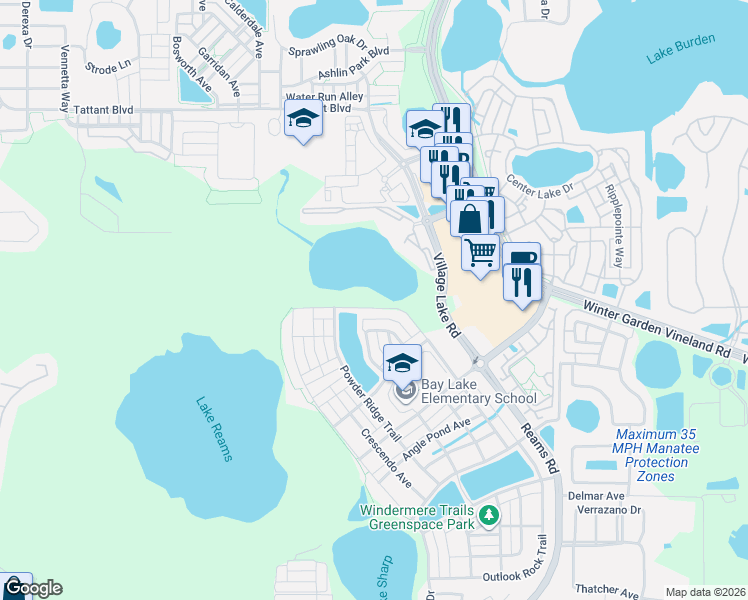 map of restaurants, bars, coffee shops, grocery stores, and more near 8274 Lookout Pointe Drive in Windermere