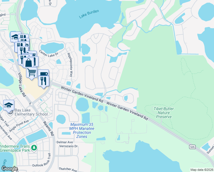 map of restaurants, bars, coffee shops, grocery stores, and more near 8548 Bowden Way in Windermere