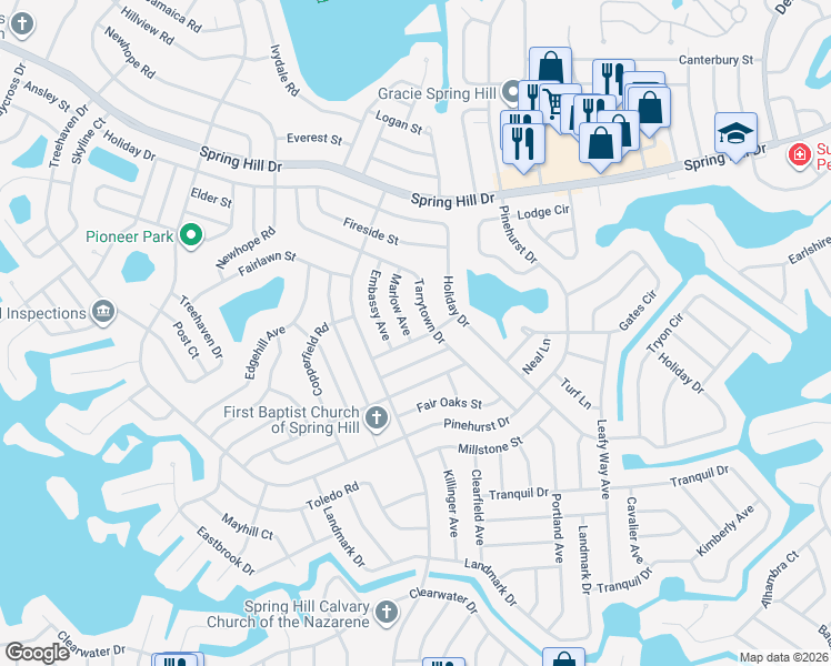 map of restaurants, bars, coffee shops, grocery stores, and more near 7175 Cascade Street in Spring Hill