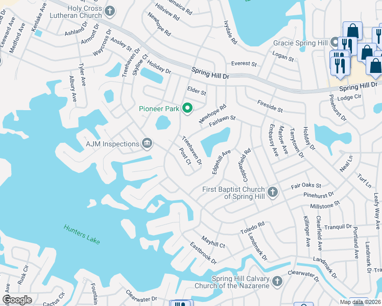 map of restaurants, bars, coffee shops, grocery stores, and more near 6899 Treehaven Drive in Spring Hill