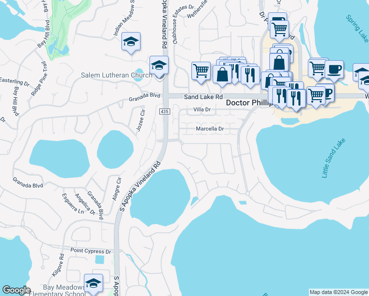 map of restaurants, bars, coffee shops, grocery stores, and more near 8721 Vía Bella Notte in Orlando