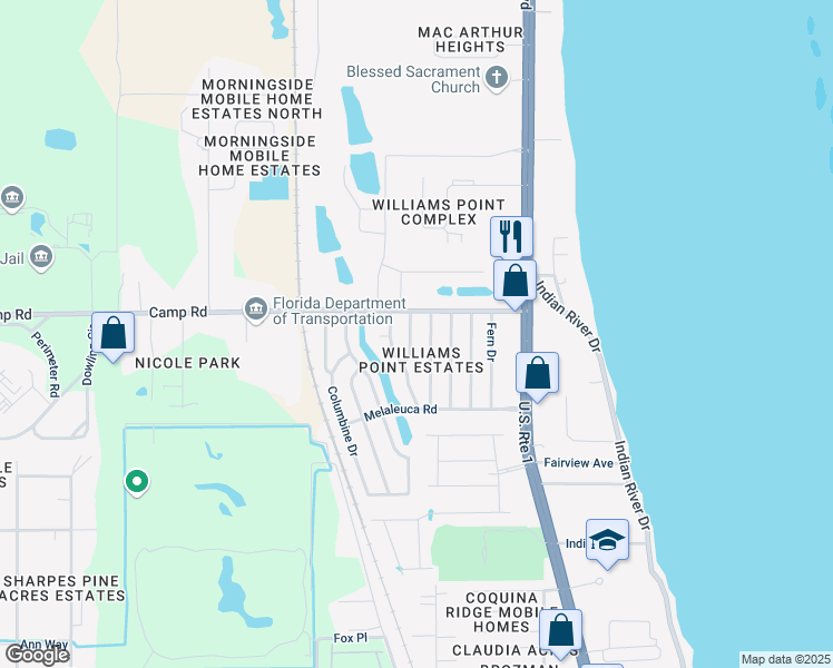 map of restaurants, bars, coffee shops, grocery stores, and more near 7000 Birch Drive in Cocoa
