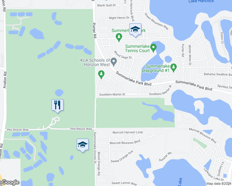 map of restaurants, bars, coffee shops, grocery stores, and more near 15337 Southern Martin Street in Winter Garden