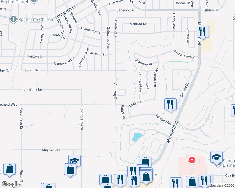 map of restaurants, bars, coffee shops, grocery stores, and more near 10352 Velvetseed Circle in Spring Hill