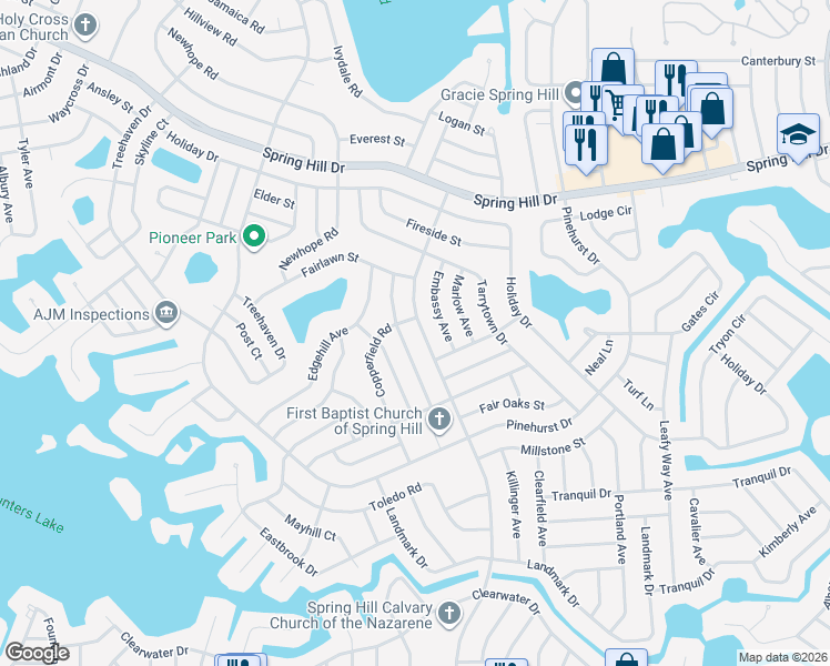 map of restaurants, bars, coffee shops, grocery stores, and more near 1025 Cobblestone Drive in Spring Hill