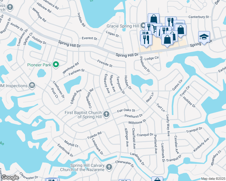 map of restaurants, bars, coffee shops, grocery stores, and more near 1023 Marlow Avenue in Spring Hill