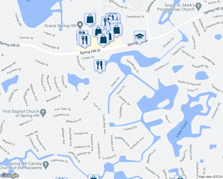 map of restaurants, bars, coffee shops, grocery stores, and more near 7448 Gates Circle in Spring Hill