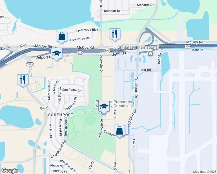 map of restaurants, bars, coffee shops, grocery stores, and more near 8385 Daetwyler Drive in Orlando