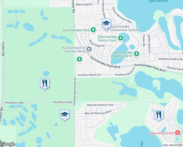 map of restaurants, bars, coffee shops, grocery stores, and more near 15337 Southern Martin Street in Winter Garden