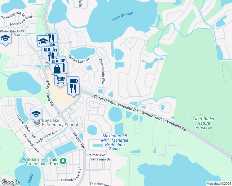 map of restaurants, bars, coffee shops, grocery stores, and more near 11566 Claymont Circle in Windermere