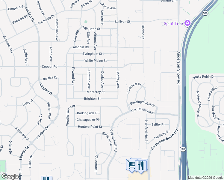 map of restaurants, bars, coffee shops, grocery stores, and more near 14039 Monterey Street in Spring Hill