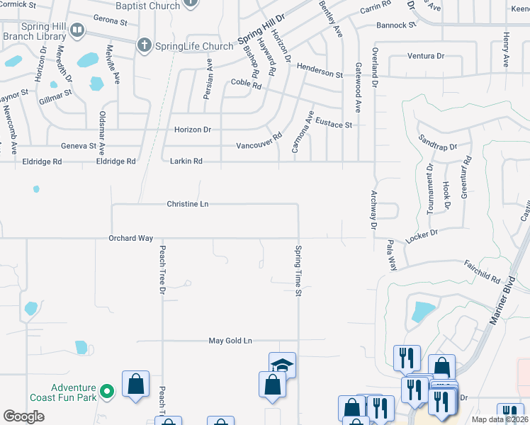 map of restaurants, bars, coffee shops, grocery stores, and more near 10040 Christine Lane in Spring Hill