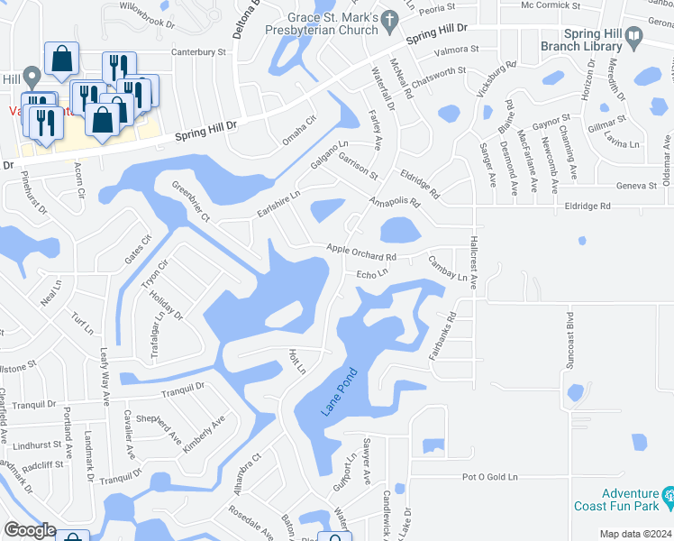 map of restaurants, bars, coffee shops, grocery stores, and more near 1021 Waterfall Drive in Spring Hill