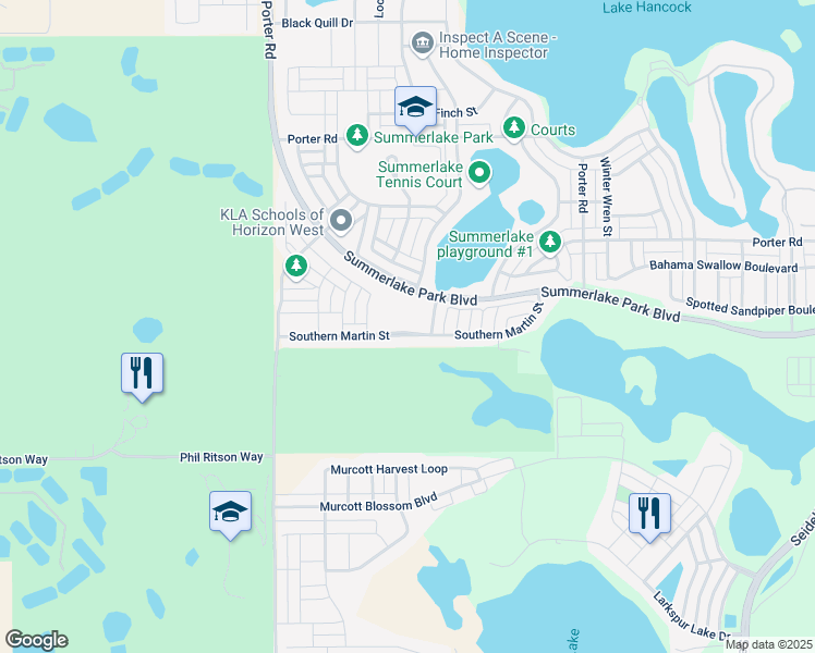 map of restaurants, bars, coffee shops, grocery stores, and more near 15217 Southern Martin Street in Winter Garden