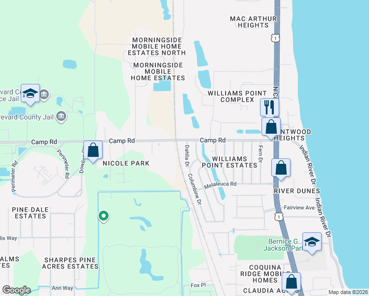 map of restaurants, bars, coffee shops, grocery stores, and more near 6982 Dahlia Drive in Cocoa