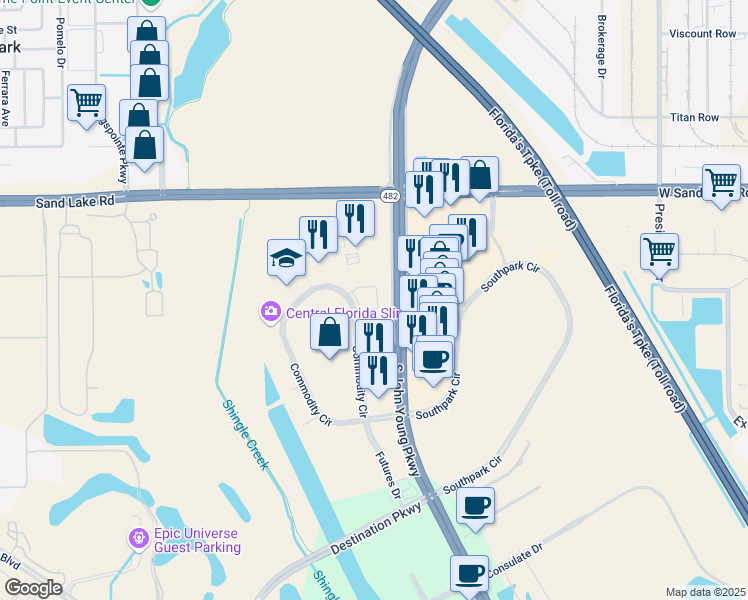 map of restaurants, bars, coffee shops, grocery stores, and more near 8687 Commodity Circle in Orlando