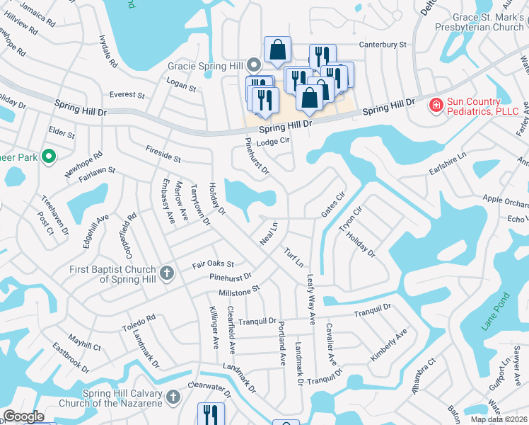 map of restaurants, bars, coffee shops, grocery stores, and more near 7327 Gates Circle in Spring Hill