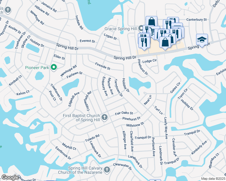 map of restaurants, bars, coffee shops, grocery stores, and more near 1023 Marlow Avenue in Spring Hill