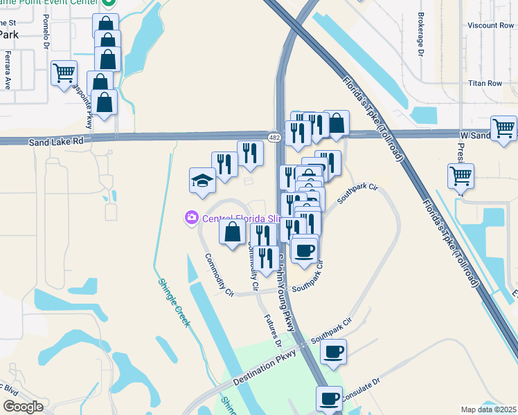 map of restaurants, bars, coffee shops, grocery stores, and more near 8687 Commodity Circle in Orlando