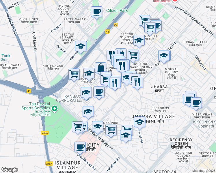 map of restaurants, bars, coffee shops, grocery stores, and more near 10 Institutional Area in Gurgaon
