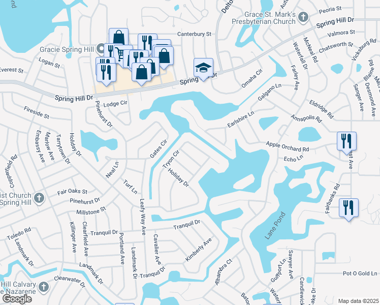 map of restaurants, bars, coffee shops, grocery stores, and more near 8034 Timberlake Avenue in Spring Hill