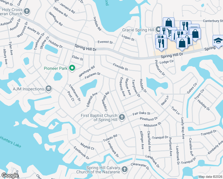 map of restaurants, bars, coffee shops, grocery stores, and more near 1055 Copperfield Road in Spring Hill