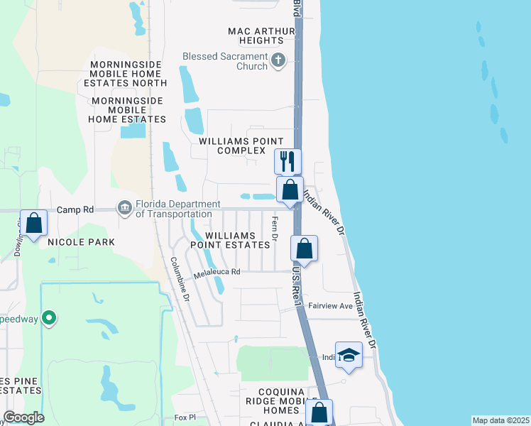 map of restaurants, bars, coffee shops, grocery stores, and more near 7009 Fern Drive in Cocoa