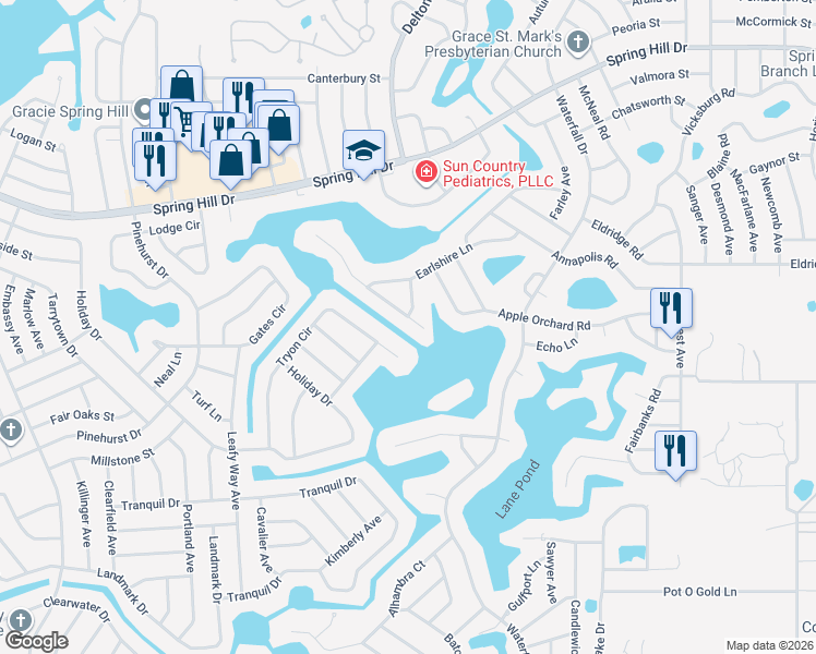map of restaurants, bars, coffee shops, grocery stores, and more near 1201 Tryon Circle in Spring Hill