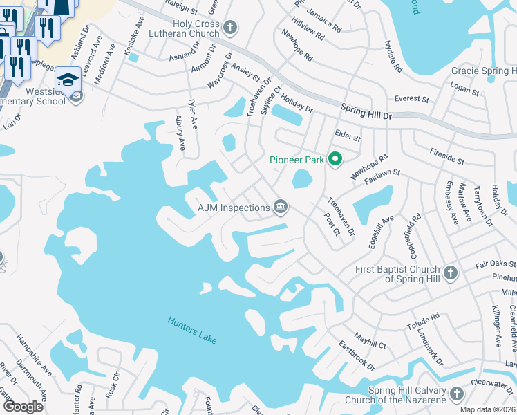 map of restaurants, bars, coffee shops, grocery stores, and more near 6245 Dalton Street in Spring Hill