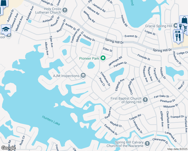 map of restaurants, bars, coffee shops, grocery stores, and more near 6348 Post Court in Spring Hill