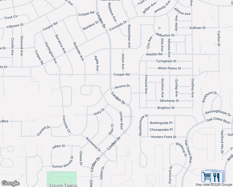 map of restaurants, bars, coffee shops, grocery stores, and more near 14433 Linden Drive in Spring Hill