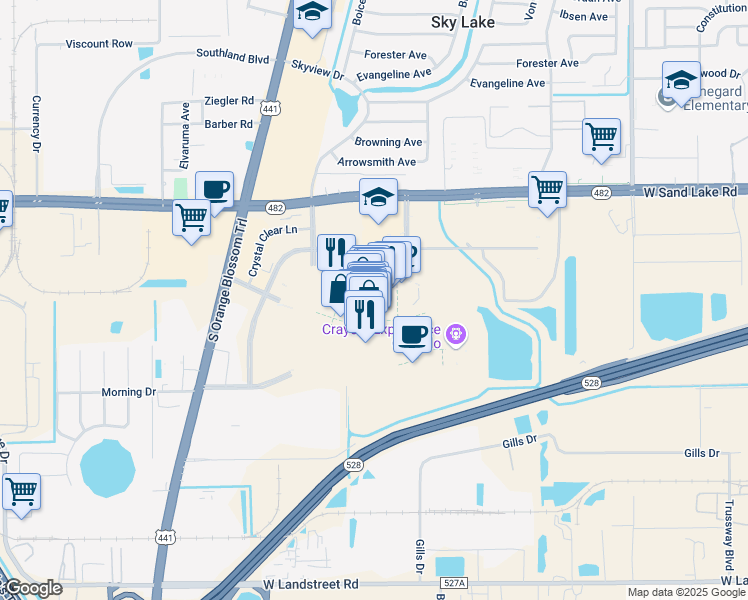map of restaurants, bars, coffee shops, grocery stores, and more near 8001 South Orange Blossom Trail in Orlando