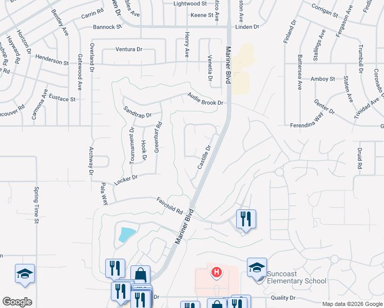 map of restaurants, bars, coffee shops, grocery stores, and more near 1035 La Bamba Court in Spring Hill