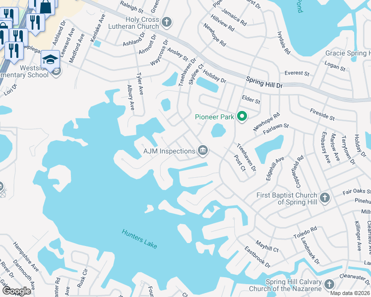 map of restaurants, bars, coffee shops, grocery stores, and more near 6211 Dalton Street in Spring Hill
