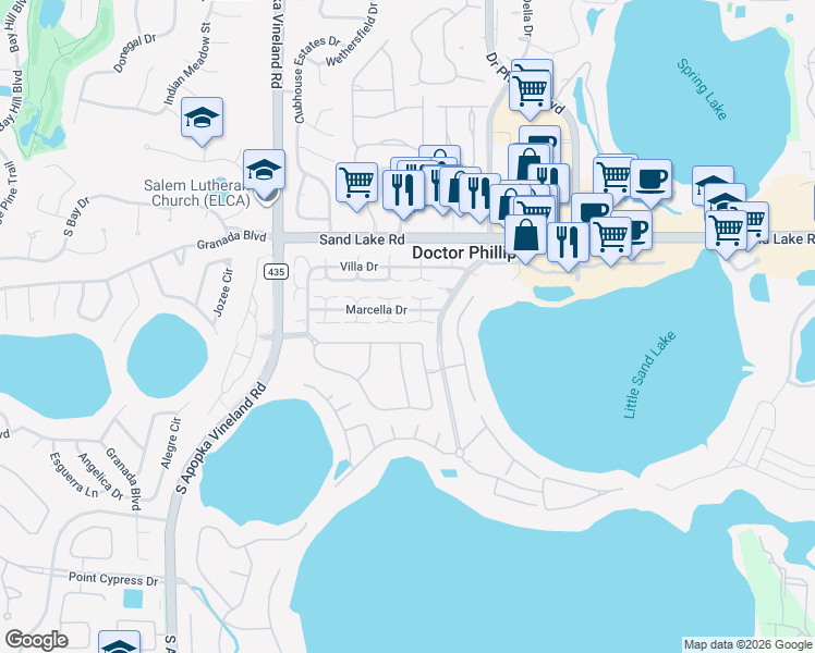 map of restaurants, bars, coffee shops, grocery stores, and more near 8021 Marcella Drive in Orlando