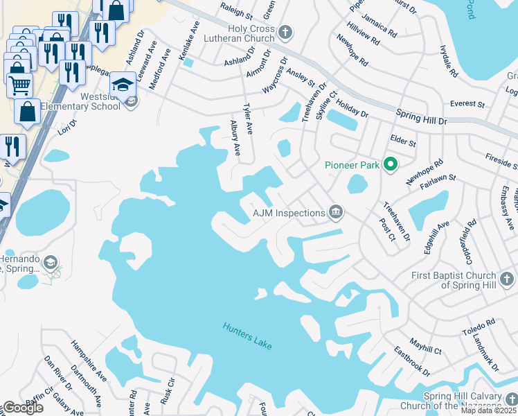 map of restaurants, bars, coffee shops, grocery stores, and more near 1062 Barlow Court in Spring Hill