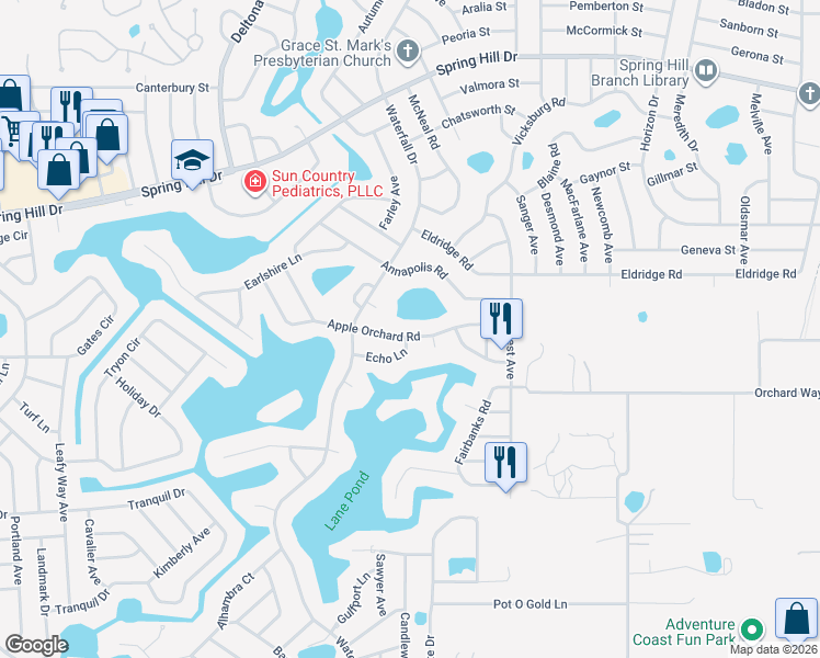 map of restaurants, bars, coffee shops, grocery stores, and more near 8285 Faith Court in Spring Hill