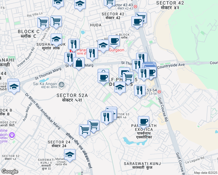 map of restaurants, bars, coffee shops, grocery stores, and more near in Gurugram
