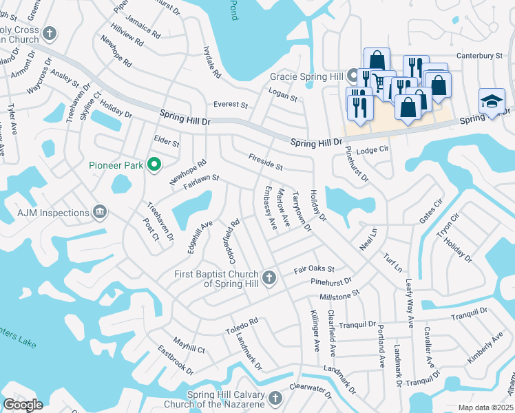 map of restaurants, bars, coffee shops, grocery stores, and more near 1106 Cobblestone Drive in Spring Hill