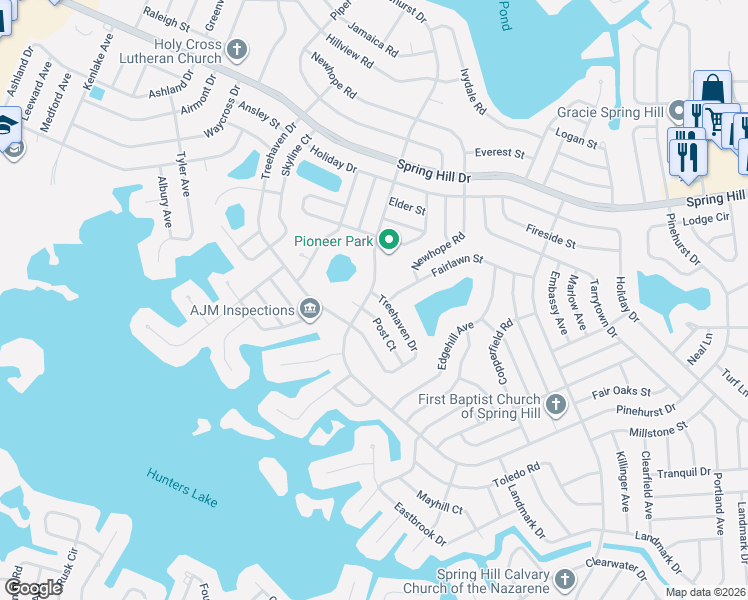 map of restaurants, bars, coffee shops, grocery stores, and more near 6812 Pinehurst Drive in Spring Hill