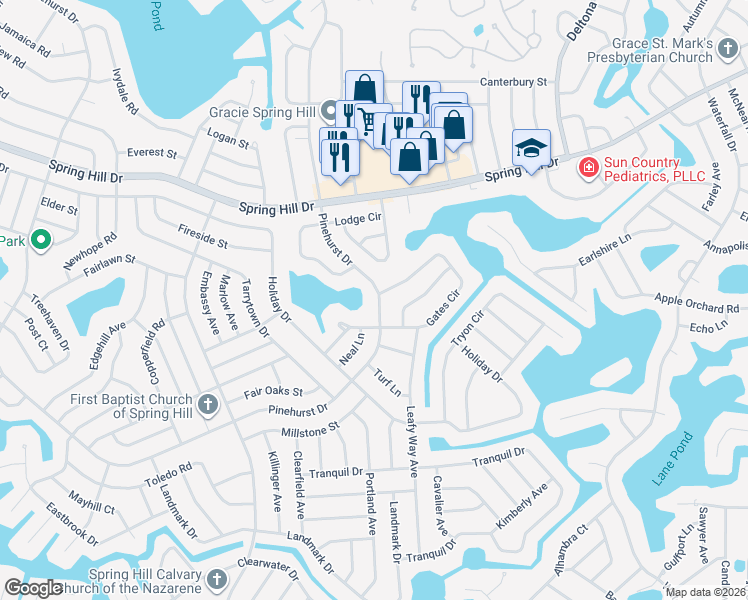 map of restaurants, bars, coffee shops, grocery stores, and more near 7631 Pinehurst Drive in Spring Hill