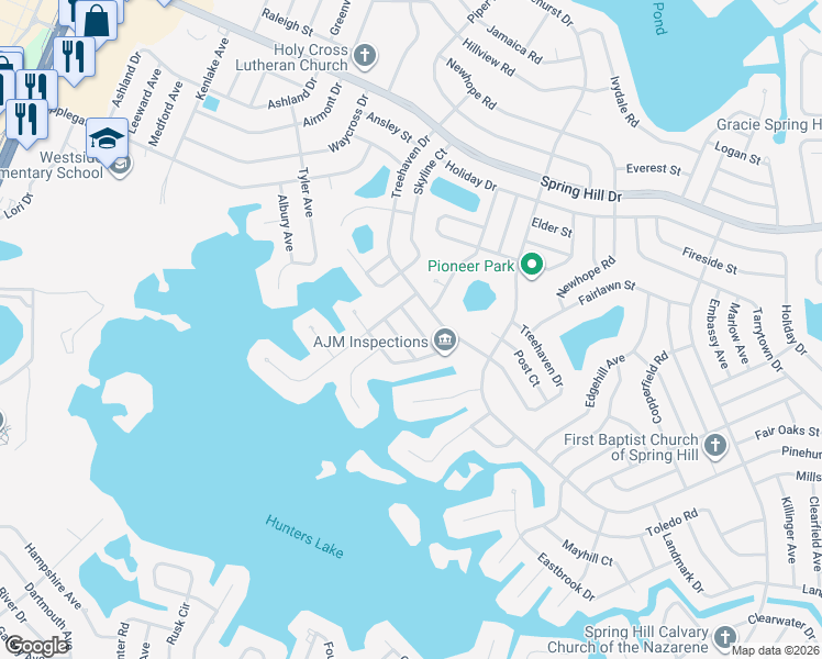 map of restaurants, bars, coffee shops, grocery stores, and more near 6616 Treehaven Drive in Spring Hill