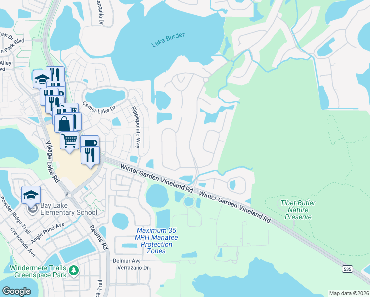 map of restaurants, bars, coffee shops, grocery stores, and more near 8438 Tibet Butler Drive in Windermere